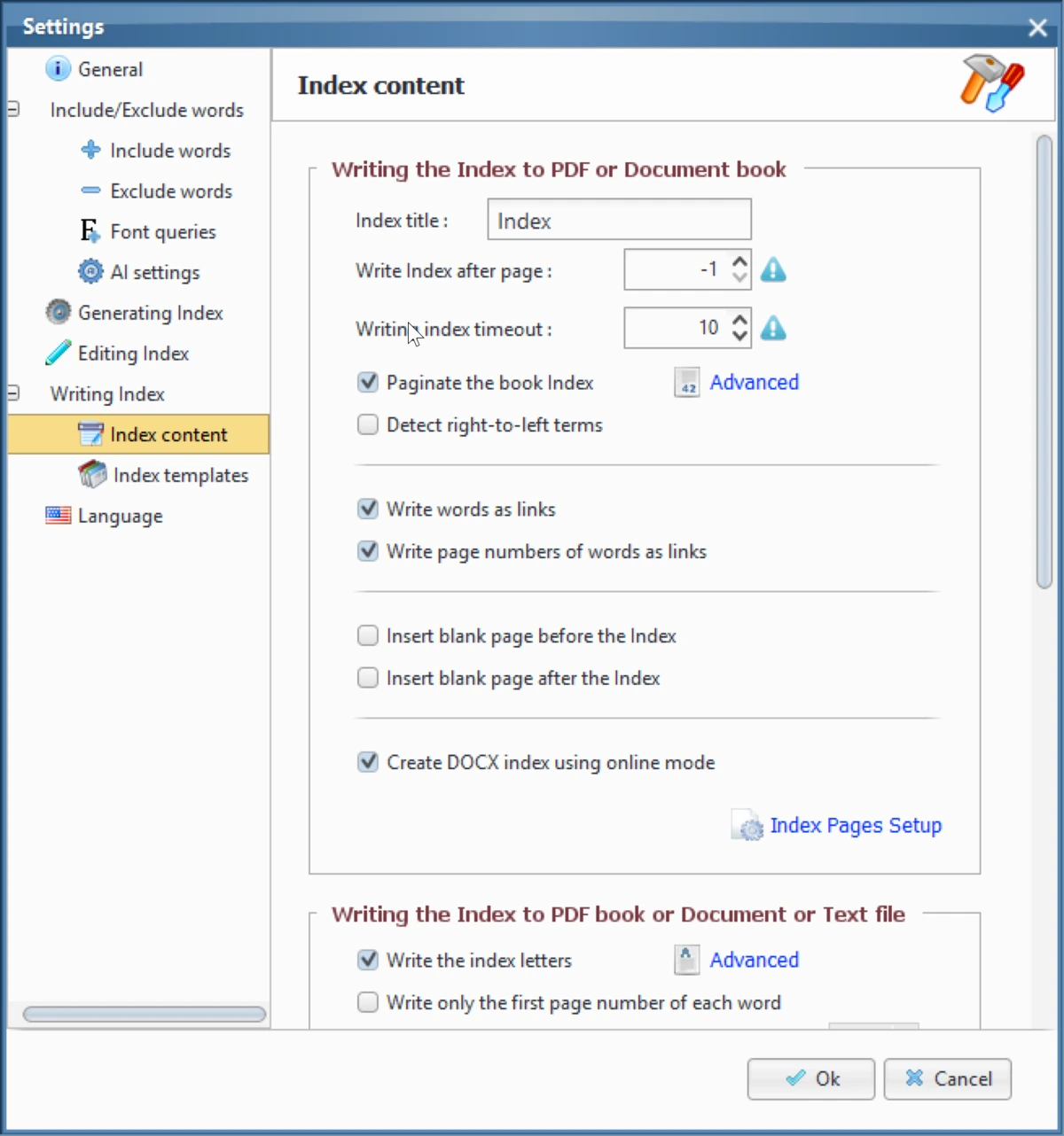 Index content settings